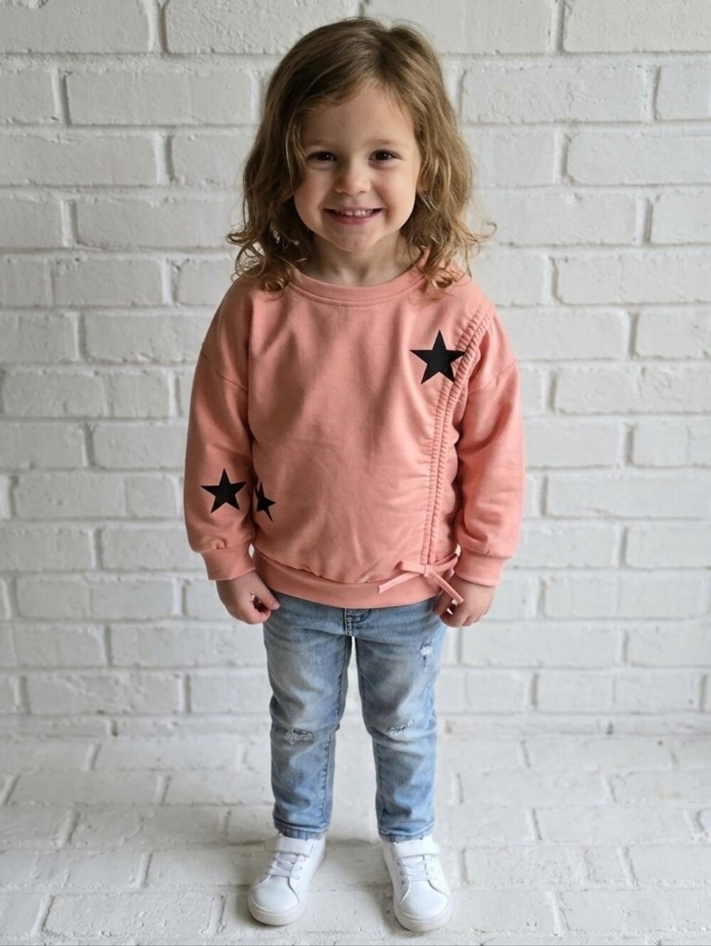 Kids Bowknot Ruched Pink Sweater Girls Crewneck Pullover Star Sweatshirt 4-5Y